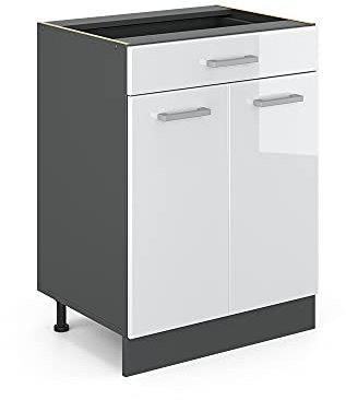 Vicco Mueble bajo de Cocina R-Line, Blanco Alto Brillo/Antracita, 60 cm con cajón, sin encimera