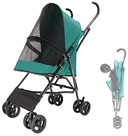 Hundewagen Hundebuggy Hunde Katzen, Hundebuggy bis 10kg, Regenschirmstruktur Leichter Hundewagen für Kleine Hunde Wagen Buggy Atmungsaktive Installation-freies Design (Color : Green)