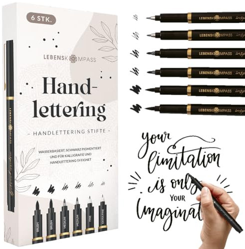 LEBENSKOMPASS Handlettering Stifte Set 6 wasserbasierte Hand Lettering & Kalligraphie Stifte für Anfänger mit 4 versch. Größen - Farbe: Schwarz