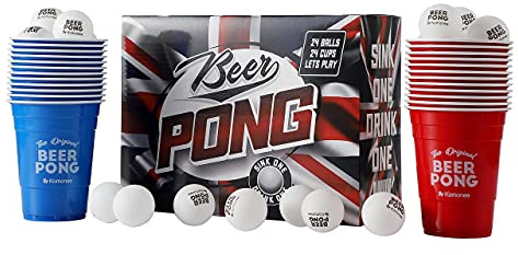 Beer Pong Set 48 PCS Union Jack Colours American Adult Indoor Novelty Party Drinking Game 24 Re-usable Cups and 24 High Bounce Balls Great For GB Great Britain Coronation