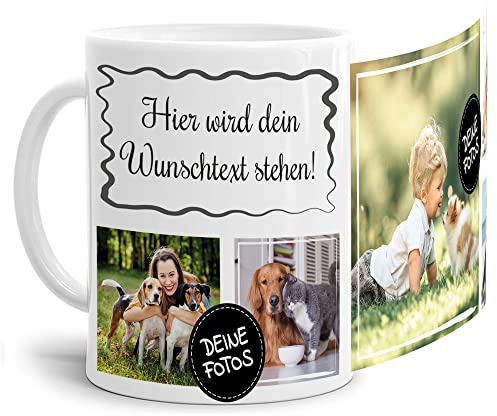 Foto-Tasse selbst gestalten mit Text & Collage für 5 Fotos - Geschenk für Familie, Freunde, Geburtstag, Weihnachten - Keramik Weiß, 300 ml I Personalisiert