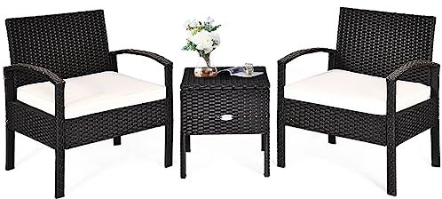 GIANTEX Balkonmöbel Kleiner Balkon, Rattan Gartenmöbel Set 2 Stühlen mit Tisch, Gartentisch mit Stauraum, Rattan Balkonmöbel Set Balkon 2 Personen, Terrassenmöbel Outdoor Sitzgruppe, inkl. Kissen