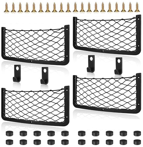 Omtofo 4 pièces Filet Rangement pour Voiture, avec Crochet, Élastique Filet de Rangement de Coffre, 36 x 18cm, Sac Pocket Organizer de Voiture pour Auto, Camping-Cars, Bateaux, Maison
