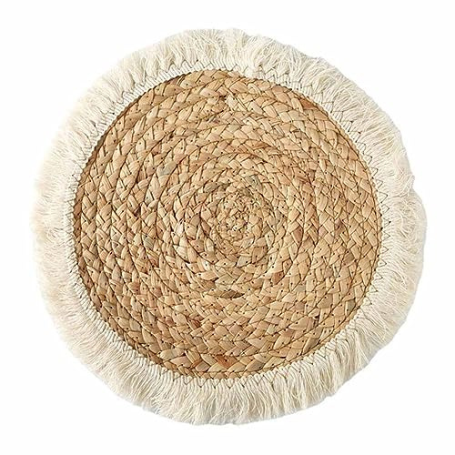 SHTGOI 2 Stück Makramee Untersetzer Handgefertigte Gewebte Runde Tischsets mit Quasten rutschfest Hitzebeständige Boho Baumwolle Platzsets Coasters für Zuhause Restaurant Büro Bar Primärfarbe 25cm