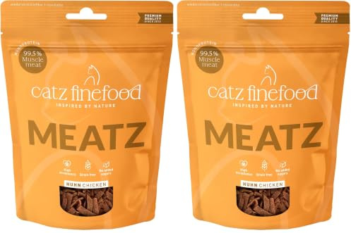 catz finefood Meatz Katzen Leckerlies Huhn N° 3 - knusprige Fleischstreifen, gegrilltes Hühnerfleisch mit Biotin für gänzendes Fell - Katzensnack ohne Zucker, getreidefrei, 45g (Packung mit 2)