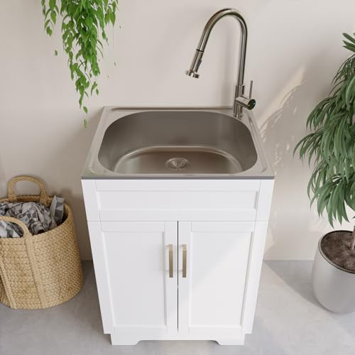 OLD CAPTAIN Laundry Sink Cabinet with Stainless Steel Sink and Pull-Down Faucet, Utility Sink for Laundry/Utility Room, 24 Inch Bathroom Kitchen and Outdoor, White
