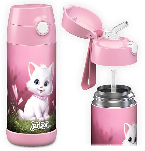 Jarlson® Charli Dricksflaska i rostfritt stål med sugrör, termosflaska, TÜV-testad, BPA-fri, läckagesäker, termisk vattenflaska för skola och barnrum, 350 ml (katt ”Neo”)