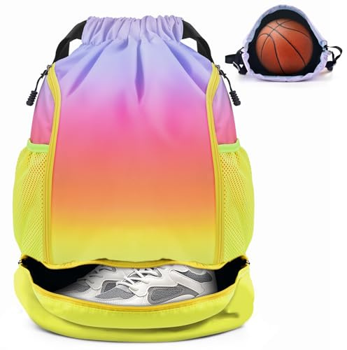 BROTOU Unisex Drawstring Backpack, Waterproof Gym Bag, Large Oxford PE Pack, Students School Backpack, Durable Sports Ball Bag, with Shoe Bag (A, Rainbow)