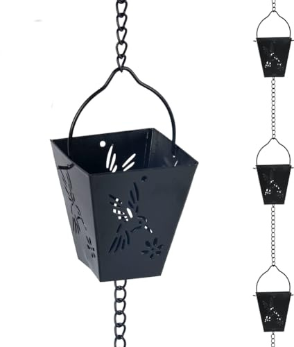 giole Chaîne de pluie carrée noire de 3,7 m pour l'extérieur avec 12 tasses, chaîne en métal réglable pour gouttières, avant-toits, drainage, remplacement pour descente de descente