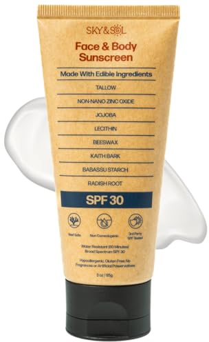 Sky and Sol Natural Mineral Sunscreen SPF 30 3 oz: Natural Tallow & Zinc Oxide, Reef Safe, Water Resistant, Fragrance-Free, Non-Greasy Formula for Face and Body