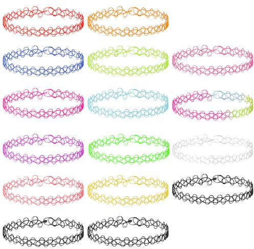 Andibro 16PC Tattoo Choker Necklace, Plastic Rainbow Multicolor Stretchy Necklace Clavicle Cute Collar Vintage 90s 95s Jewelry Accessories for Women Teen Girl(multicolor)