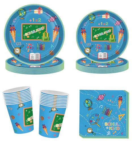 Oirigaga Einschulung Partygeschirr Set, 80pcs Schulanfang Pappgeschirr mit Pappteller Pappbecher Servietten für 20 Gäste, Blau Papier Teller Becher, Party Geschirr für Schulkind Schulstart Tischdeko