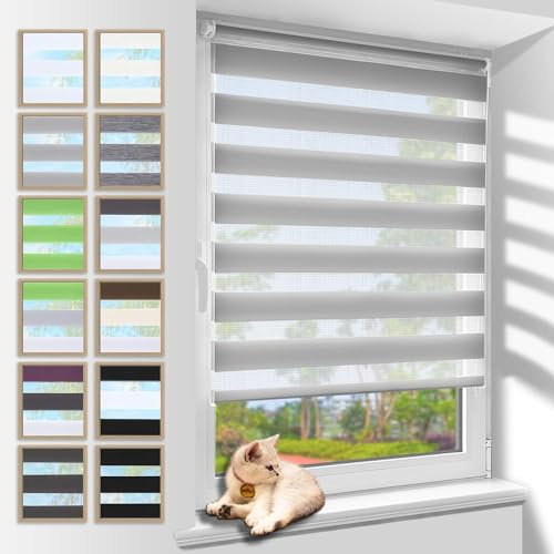 Zarnan Doppelrollo Klemmfix ohne Bohren Grau 110x120cm(Stoffbreite 106cm) Duo Rollo Blickdicht Zebrarollo Rollos für Fenster ohne Bohren für Wohnzimmer Küche Büro lichtdurchlässig und verdunkelnd