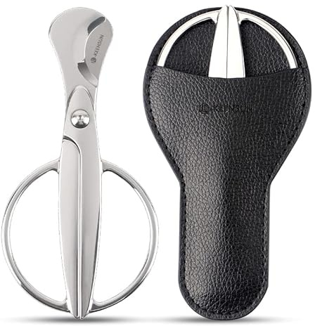 KEENSUN Cortador de tijeras para puros, guillotina de acero inoxidable de doble hoja de corte recto (plateado) con funda de cuero, accesorios para puros (mango de 2.75 pulgadas de ancho)