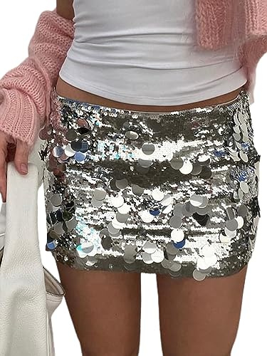 Fiacafyo Women Shiny Sequin Mini Skirt Sparkly Hip Glitter Bodycon Dance Skirts Low Rise Y2k Rave Party Club Night Pencil Skirts (D-Silver, M)