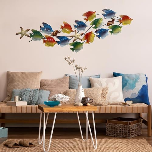 Wanddekoration aus Metall, Fisch, großer Schwarm aus 14 Fischen, Wandkunst, bunt, Schmiedeeisenfisch, abstrakte Meeres-3D-Fische, hängende Wandskulptur für Wohnzimmer/Schlafzimmer