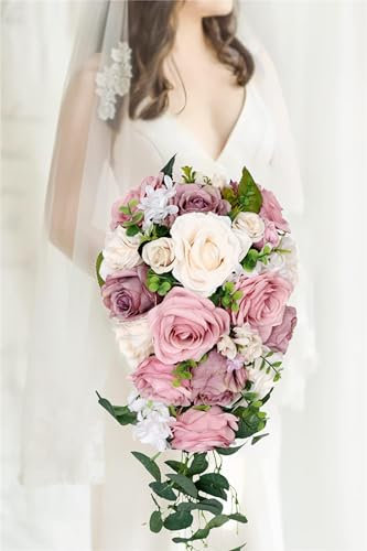 CHAKEUZND Hochzeitssträuße, Brautstrauß 8,7 Zoll Altrosa, Wassertropfen, künstliche Brautblumen, Hochzeitsblumen, Brautsträuße for Zeremonie, Jahrestag, Brautparty