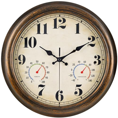 45MinST 13-Inch Vintage Outdoor Wall Clock with Thermometer and Hygrometer, Waterproof, Large Numbers, Silent, for Indoor and Outside Use,Porch,Garden,Pool(Bronze)