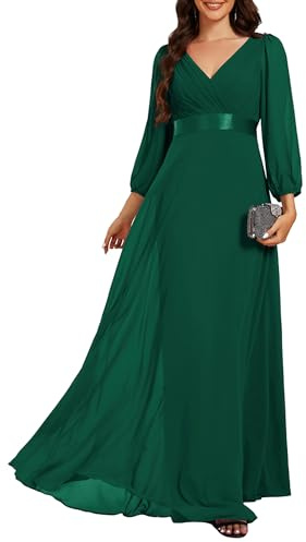 Ever-Pretty Vestido Elegante Largo Mujer Cuello en V Manga Larga Vestido de Noche Verde Oscuro 38