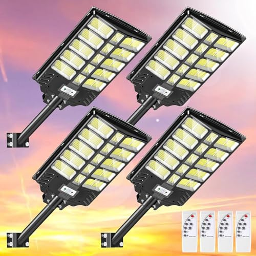 papasbox Lot de 4 lampadaires solaires à LED 1200 W avec télécommande | Lampe de rue 6500 K à énergie solaire avec détecteur de mouvement | Lampe d'extérieur