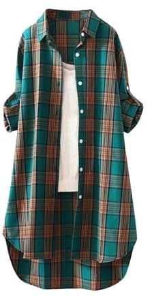 Angxiwan Linen Shirt Women Short Sleeve Plaid Shirts for Women UK Plus Size Button Long Sleeve Summer Cardigan Casual Loose Fit Flowy Hem Tunic Tops Elegant Collar Gypsy Tops