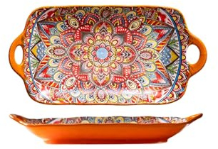 Coolcapis Serving Tray with Handles Rectangular Serving Platter Ceramic Extra Large Plates & Dishes Rectangle (Sunset Fiesta)
