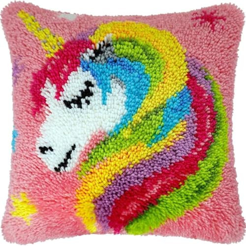 KnüpfKissen Set Erwachsene Kinder mit vordruck Niedliche Einhörner Mädchen Prinzessin Rosa knüpfteppich zum selber knüpfen Kissenbezug Anfänger DIY Handarbeit Stickerei Sets Handgemachtes Handwerk Sof