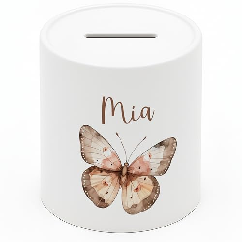 Personalisierte Spardose Kinder mit Namen – Keramik Sparschwein als Taufgeschenk, Geburtstagsgeschenk & Einschulungsgeschenk – Spardose Mädchen & Jungen, Geschenke zur Taufe - Schmetterling (8x9,5 cm)