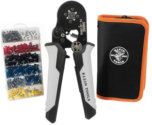 Klein Tools 34060 Ferrule Crimping Tool Set with Ratcheting Square Crimper Pliers, 1200 Wire Terminals (10-22 AWG), and Soft Carrying Case for Electrical Applications