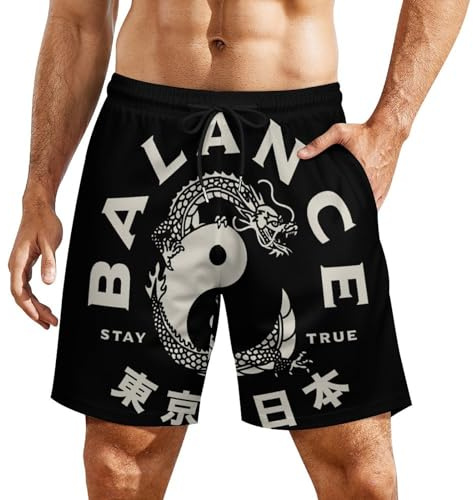 Strandshorts för män shorts asiatiska drake med Ying Yan(Yinyang) tryck fritid med nät foder semester surfing pool simning shorts, Herr Board Shorts 1183, 3XL