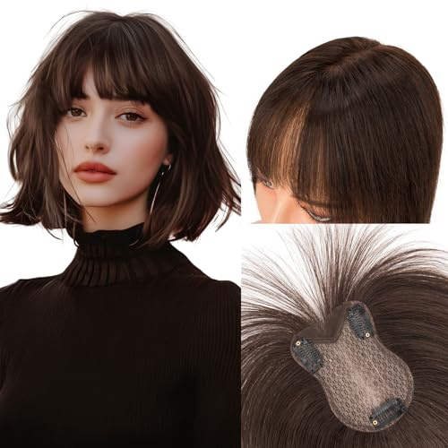 MY-LADY Clip in Pony Haarteile Echthaar 360°Abdeckung Haar Toppers für Frauen Dünnes Haar 21g 11inch #02 Dunkel Braun Hair Topper