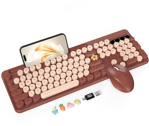 Wireless Keyboard and Mouse Combo, Retro Round Keycaps, Full-Size Typewriter Style Keyboard with Phone/Tablet Holder and 3-Level DPI Mouse, 2.4GHz Cordless Connection for Windows/PC/Laptop (Wine Red)
