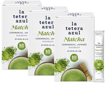 La Tetera Azul Matcha Té Verde Japonés Ecológico, Antioxidante, Sin Azúcar, Ideal para Concentración y Bienestar, Sostenible y Ceremonial, Cada caja con 10 Sticks Monodosis de 1,5 g, Pack de 3 cajas