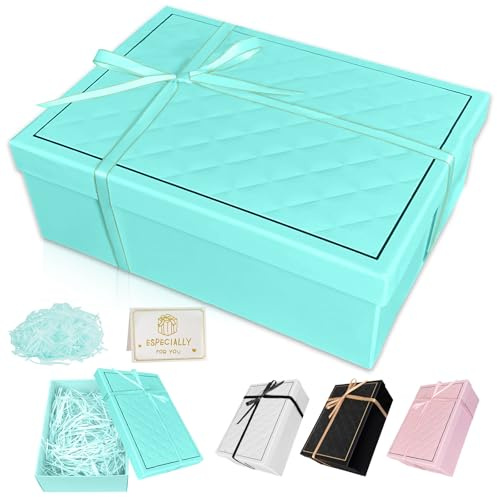 Geschenkbox mit Deckel, 25x18x8.5cm Falt Geschenke Box mit Schleifen, Raffia, Grußkarten - Set, Geschenkbox Geburtstag für Valentinstag Geburtstage Weihnachten Hochzeit (Blue Gift Box)