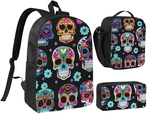 LXqlSS Mochila con estampado de calavera de azúcar para uso diario, juego de mochila de 3 piezas con lonchera y estuche para lápices