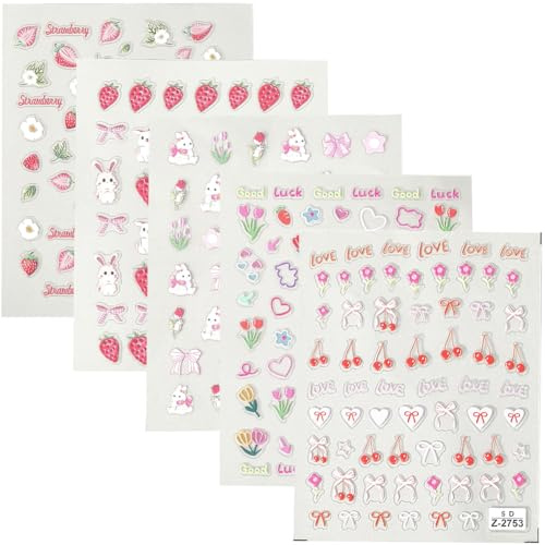 SOFPLATE 1 scatola 5 fogli 5 stili Adesivi per Unghie In Rilievo 5D Adesivi per Nail Art con Frutta Motivo Fragola Coniglio Fiocco Cuore Fiore Ciliegia Autoadesivi Decalcomanie Primaverili Ed Estive p