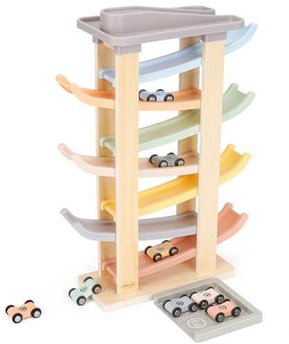 Joyreal Montessori Toddler Toys for 1 2 3 Year Old - 7 Level Wooden Car Ramp Racer Toys with 8 Mini Cars & 2 Garages - Christmas Birthday Gifts for 2 Year Old Boys and Girls