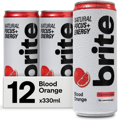 Brite Natural Focus. Bebida energética y alternativa al café para mejorar la productividad. De origen vegetal, baja en calorías, vegana, sin gluten. Naranja sanguina, 12 x 330 ml.