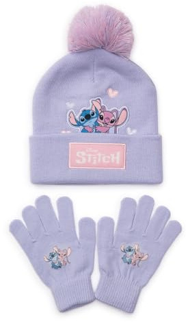 Disney Lilo & Stitch Girls Hat & Gloves Set – Kids Bobble Beanie & Stretch Gloves, Purple Knitted Winter Accessories, Official Merchandise, 100% Acrylic