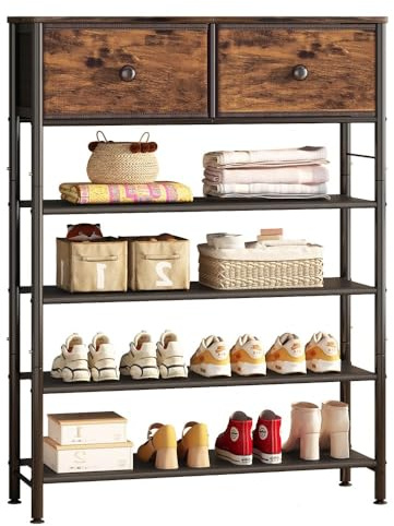 INGIORDAR Shoe Rack Organizer 5 Tier Metal Organizer Shelf with Industrial MDF Board and Layer Fabric for Entryway Closet Bedroom Living Room Garage (Black+Rustic Brown, 5 Tier with 2 Drawers)