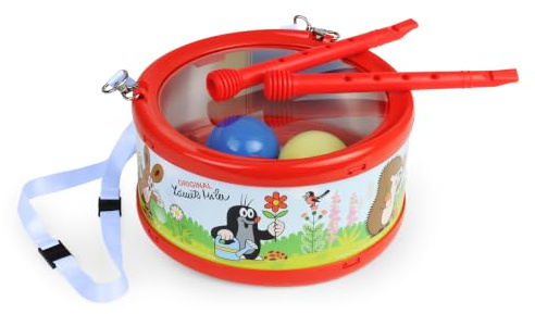 LENA Divertente tamburo per bambini con effetto sonaglio grazie alle palline integrate, diametro 21 cm, con 2 bacchette per batteria, batteria per bambini dai 3 anni in su