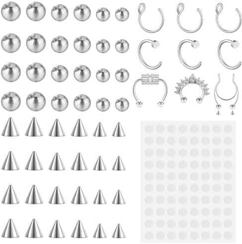 Yolev 57 st falska piercingar falska ögonbryn piercing bollar klistermärke icke-piercingar förfalskningar läpppiercingar rostfritt stål labret näsdubbar för läpp och ögonbryn för män kvinnor