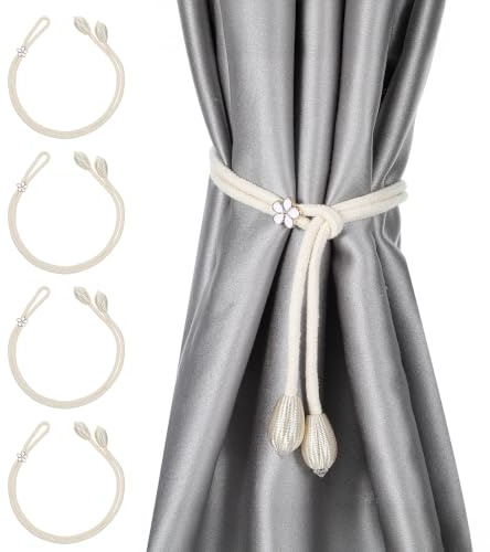 DOPENSPI 4 Stück Handgewebte Blumen Vorhang Raffhalter, 53cm Gardinenhalter ohne Bohren mit Verstellbare Curtain Rope Buckle Boho Raffhalter für Vorhänge Dekoration Wohnzimmer und Schlafzimmer(beige)