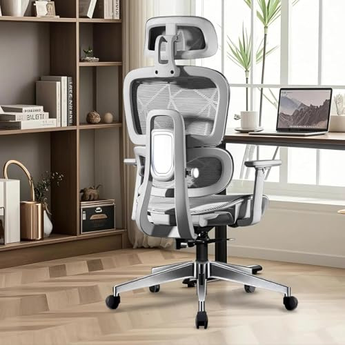 HDHNBA Ergonomisk Kontorsstol,Skrivbordsstol med Högt Ryggstöd och 3-stegs Ländstöd,3D-armstöd och Justerbart Huvudstöd,Mesh Höjdjusterbar Svängbar Datorkontorsstol,Vippfunktion(Grå)