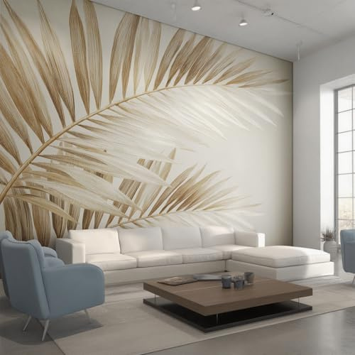 Générique Papier Peint Panoramique Feuilles de Palmier Beige, Papier Peint Feuille Tropicale Moderne 366x254 cm, Fresque Murale Intissé, Décoration Murale Salon Chambre