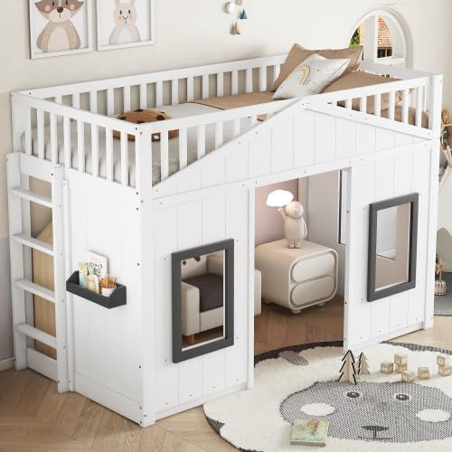 Merax Hochbett Kinderbett mit Treppe, Fenster & Fallschutz, EN747-zertifiziert, Hausbett, Weiß + Grau, 90x200 cm, Kiefer + MDF