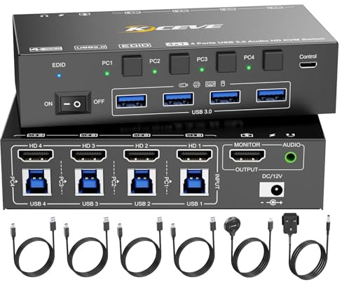 4 Port 8K HDMI KVM Switch 4 Computers 4K@144Hz, Simulation EDID, MLEEDA 4 Port USB3.0 KVM Switch with Audio for 4 PC Share 1 Monitor and Keyboard Mouse Headset,Wired Remote,Power Adapter Included