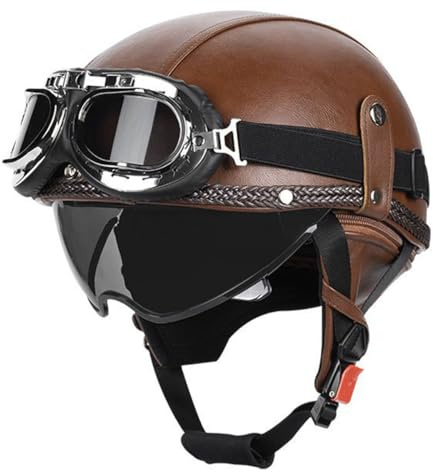 Retrò Elmetto Tedesco Pelle Mezzo Casco Motociclista Caschi Cromwell ECEDOT Omologato Moto Caschi Demi-Jet Con Occhiali Casco A Scodella Universale Uomo Donna 2,M:57-58CM
