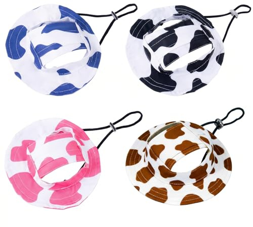 4 Stück Haustier Sonnenhut Hund und Katzen Hut mit Ohrlöchern, Verstellbare Hunde Cappe Fischerhut für Kleine Hunde, Atmungsaktiver Sonnenschutz Sommer Mütze, Größe S, Milchmuster Design