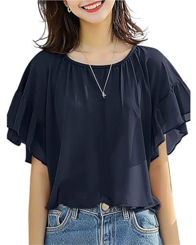 Damblus med volanger chiffongblus för kvinnor, vardaglig, volangblus, kortärmad, elegant, festfåll